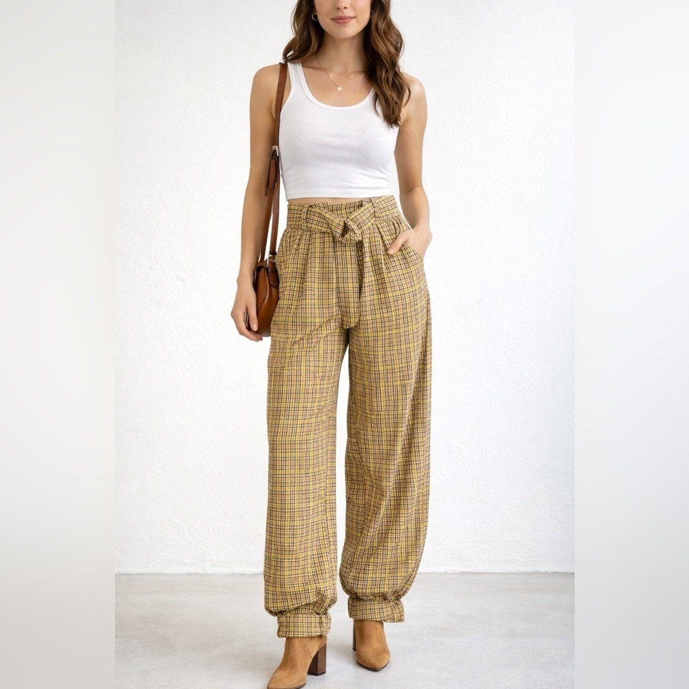 Tularosa Plaid High Rise Belted Trouser Pants XS Lined Gathered Cuff